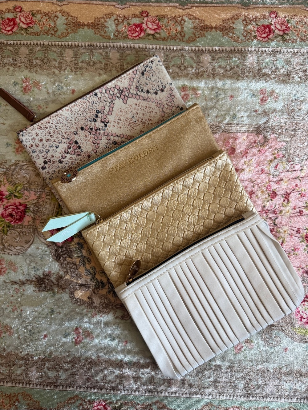 Ipsy Mini Makeup Bag 4Pc Bundle/Cream and Gold Multi-Pouch Clutch/New